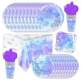 Snowflake Party Supplies-Complete Pack Snowflake Party Tableware Set Blue Purple Snowflake Party Plates Cups Napkins Tablecloth Serves 10 People for Snowflake Winter Party Decorations