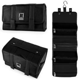 WonderfulGiftShop Leather Toiletry Bag Travel Bag for Men Women with Hanging Hook, Water-resistant Makeup Cosmetic Bag Travel Organizer for Accessories, Shampoo, Full-size Container