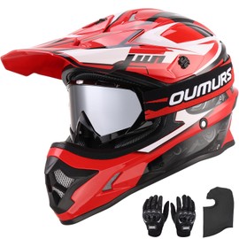 OUMURS DOT Adult ATV Dirt Bike Helmet with Goggles Gloves & Mask Adjustable Sun Visor Motorcycle Adult Helmet Off-Road Motocross Downhill Moped MX for Unisex-Adult-Engine Red, L