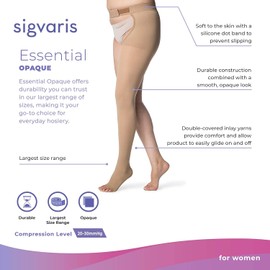 SIGVARIS Women’s Essential Opaque 860 Open Toe Thigh-Highs w/Grip Top & Waist Attachment 20-30mmHg - Light Beige - Small Short Right