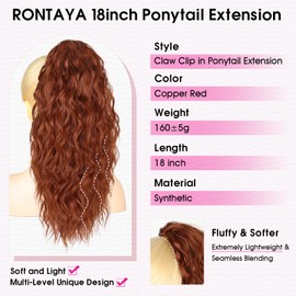 RONTAYA Ponytail Extension, Copper Red Claw Clip Ponytail Extensions for Women Multi Layered Fluffy Thick Wavy Jaw Clip in Fake Pony Tails Fake Hair Soft Synthetic Hairpiece