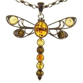 Baltic amber and sterling silver 925 multi-coloured dragonfly pendant necklace with 1mm Italian sterling silver 925 snake chain