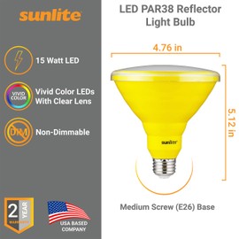 Sunlite 81476 LED PAR38 Colored Recessed Bug Light Bulb, 15 watt (75w Equivalent), Medium (E26) Base, Floodlight, ETL Listed, Yellow, 1 Pack