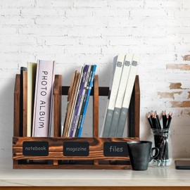 ExoLiry Rustic Torched Brown Wooden Desktop Document Organizer Office Chalkboard Labels File Folder Binder Sorter Storage Rack Multiple Compartments Table Organization Caddy Desk Shelf Paper Tray