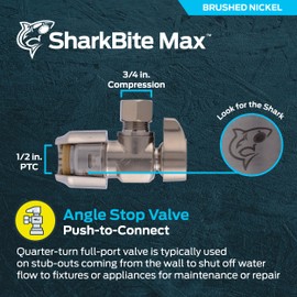SharkBite Max 1/2 x 3/8 Inch Compression Angle Stop Valve, Quarter Turn, Push to Connect Brass Plumbing Fitting, Brushed Nickel Finish, PEX Pipe, Copper, CPVC, PE-RT, HDPE, UR23036BN