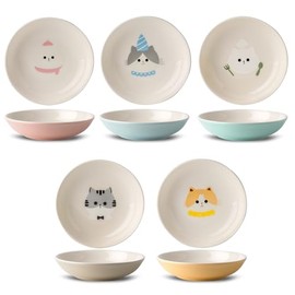 Juego de cuencos de cerámica para gatos, 5.5 pulgadas de ancho, aptos para la fatiga, 5 platos coloridos para gatitos con bonito patrón para agua húmeda y seca