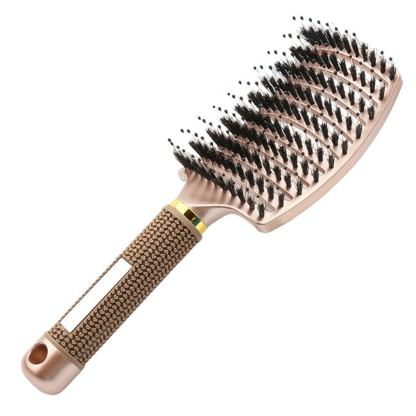 YUNAI Boar Hair Brush, Anti-static Curved Comb, Easy to Dry Hair, Suitable for Men and Women to Nourish Hair and Massage Scalp (Golden)