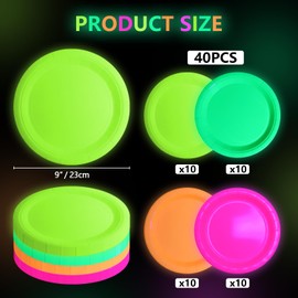 XJLANTTE 40 Pieces Luminous Plates, Neon Party Decorations, 4 Colors Neon Paper Plates, Birthday Party Plates for Luminous Party Supplies, Party Decorations, 9 Inch (Pack of 40)