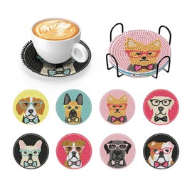 KAOTPO Diamond Painting Suitable for Adults, Children and Beginners, 8-Piece Set of Diamond Painting Coasters with Stand, 5D Creative Diamond Painting Cat Art Set (Dog)