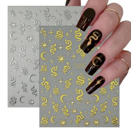 2 Sheets 5D Gold Silver Crystal Diamond Snake Nail Art Stickers Embossed Self Adhesive Snake Nail Stickers Horror Snake Nail Decals Supplies Sun Moon Nail Design for Women Girls Nail Decoration