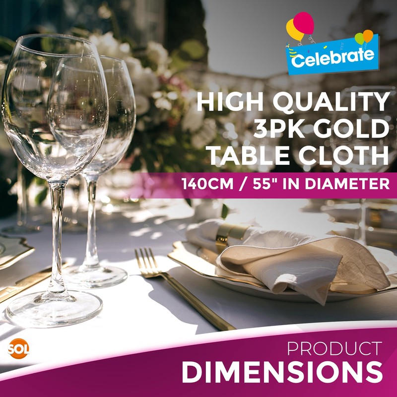 3pk Gold Round Table Cloth Disposable | 140cm Party Round