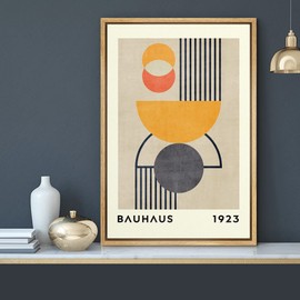 MUDECOR Framed Canvas Print Wall Art Bauhaus Orange Geometric Polygon Landscape Abstract Shapes Illustrations Fine Art Mid-Century Modern Multicolor for Living Room, Bedroom, Office - 24"x36" Natural