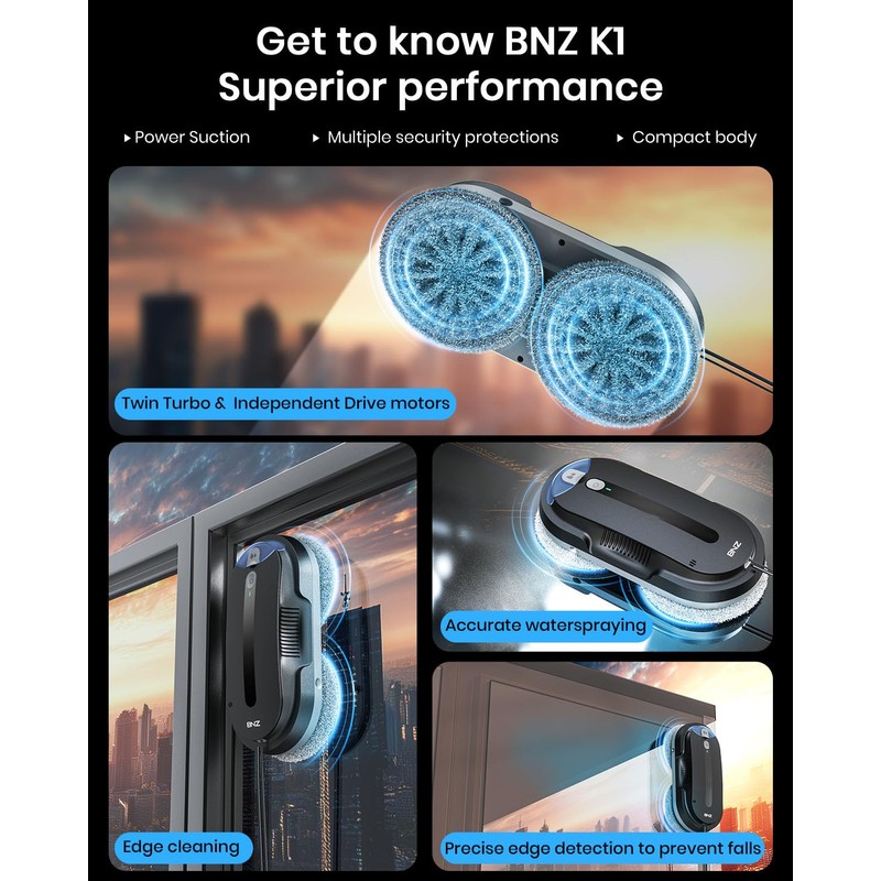 BNZ Smart Window Cleaning Robot, Twin Turbo & Dual Auto-Spray