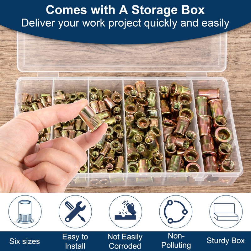 Set of 220 Rivet Nuts Assortment Set, Flat Head Threaded