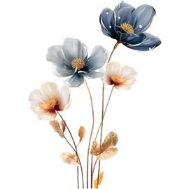 Gold Leaf Blue Flower Wall Decal PVC Wall Sticker Vintage Watercolor Floral Wall Art for Living Room Bedroom Home Decor