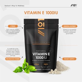 Vitamin E 1000IU D-Alpha Tocopherol – 100% Natural Vitamin E – 90 Vegan Capsules – Highly Absorbable – 3 Month Supply – Protects Cells from Oxidative Stress – by Alpha01