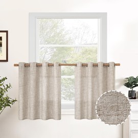 YoungsTex Linen Kitchen Curtains 36 Inches Long for Small Window 2 Panels, Short Grommet Light Filtering Privacy Thick Semi Sheer Curtains for Basement Cafe, Natural, 52W X 36L