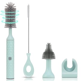 Biqin - Juego de cepillos de limpieza eléctricos con cepillo para polvo de silicona para botellas y cepillo para polvo de pajita, limpieza de rotación de alta velocidad de 360°, recargable por USB, impermeable IPX65 (azul)