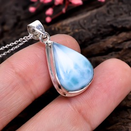 Gemkora Necklace for Women, Blue Larimar Pendant, Birthstone Jewelry, 925 Silver Necklace, Natural Crystal Pendant, Chakra Healing Gem Stone Jewelry, 18 inch