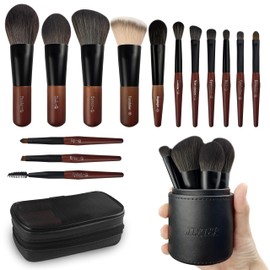 Meet You Travel Mini Pinselset Makeup, 14 Stück Premium Synthetik Make up Pinsel Set, Makeup Pinsel in Reisegröße und Kosmetiktasche, Perfekt für Reisen & unterwegs, Holzgriff, 100% Veganer