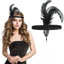 1920s masquerade feather Flapper Headband (Black, One Size)