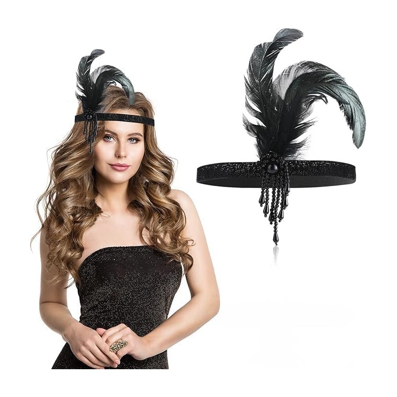 1920s masquerade feather Flapper Headband (Black, One Size)