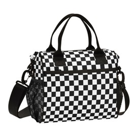 Black White Checkered Pattern Lunch Bag Insulated Cooler Bag Tote Reusable Lunch Box for Women Men Adult Adjustable Shoulder Strap Leakproof for Work Picnic