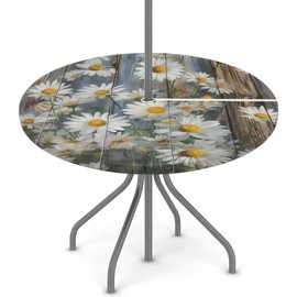 Round Fitted Daisy Wood Texture Outdoor Table Cover with Zipper - Elastic Edge - 45"-56" Patio Tablecloth with Umbrella Hole