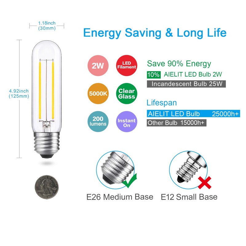 AIELIT Dimmable T10 LED Bulbs, 5000K Daylight T30 LED Tubular