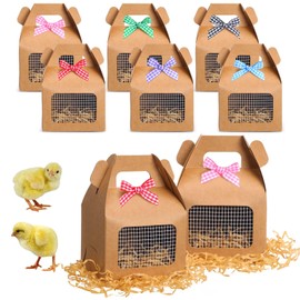 Maitys Chicken Party Favor Boxes Foldable Chicken Coop Box with Raffia Grass Bowknot Paper Straw Farm Animal Gift Treat Goodie Boxes Decoration for Adopt a Chick Party Birthday(12 Pcs)