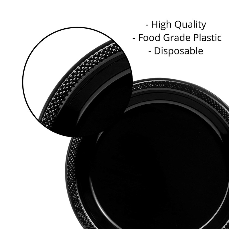 Exquisite 10 Inch. Black Plastic Plates - 50 Count -