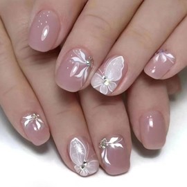 Square Press on Nails Short Fake Nails with White Butterfly Rhinestones Designs Light Pink Nails Press ons Cute Acrylic Nails Glossy Glue on Nails Spring Summer Stick on Nails for Women 24Pcs