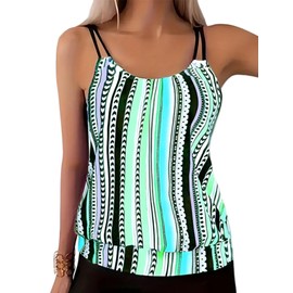 ZAFUL Womens Tankini Tops Blouson Tummy Control Swim Top Loose Fit Bathing Suit Top No Bottom Stripe Green M