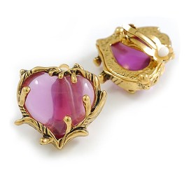 Large Pink Glass Heart Clip On Earrings in Aged Gold Tone - 30mm Tall