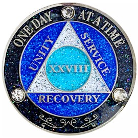 AA 28 Year Crystals & Glitter Medallion, Silver, Blue Color & 3 Crystals