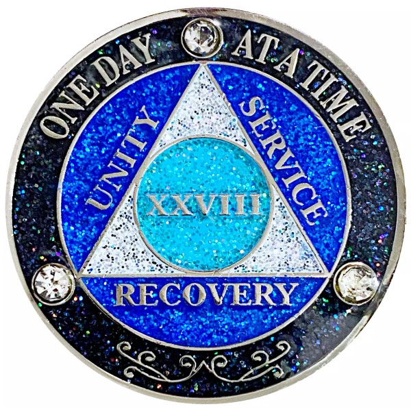 AA 28 Year Crystals & Glitter Medallion, Silver, Blue Color