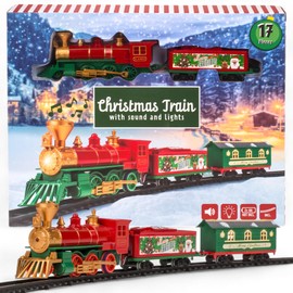 MIJOMA Christmas Train 17 Pieces: Nostalgic Christmas Train with Light and Sound, Includes Rails, Fir Trees & Carriages - Ideal for Christmas Decoration & Luminous Children's Eyes
