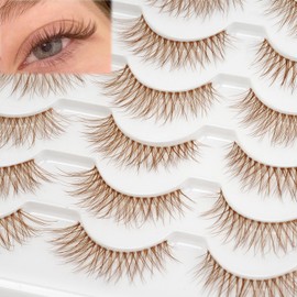 Light Brown Eyelash False Lashes - 14mm Natural Light Brown False Eyelashes Clear Band 14 Pairs Faux 3D Mink False Eyelashes Natural LookingCat Eye Wispy Strip Lashes Pack by EMEDA (ZH07-BROWN）