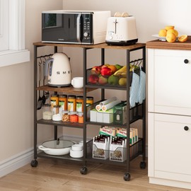 SWTYMIKI Kitchen Island Cart on Wheels - 4 Tier Rolling Kitchen Table Cart with Storage Shelves, 6 Removable Hooks& Locking Casters, Coffee Bar Cabinet for Dining Room Pantry Office, Espresso