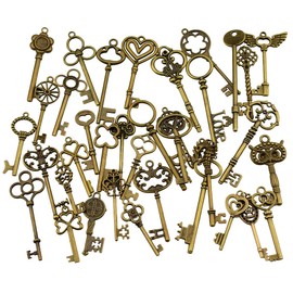 (Set of 30) Mixed Vintage Old Look Skeleton Key Fancy Heart Bow Necklace Pendant