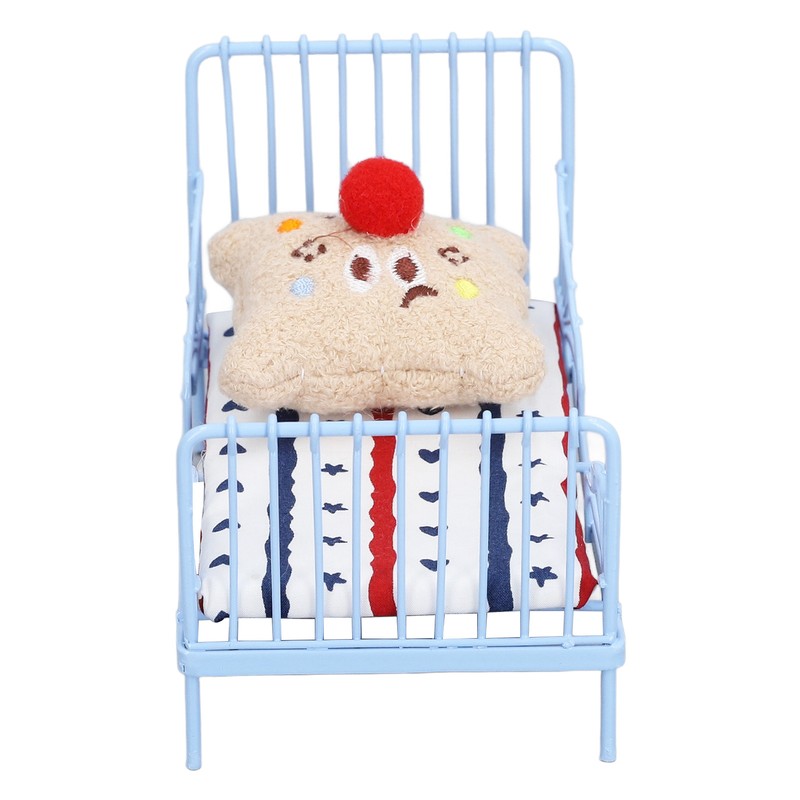 1:12 Miniature Bed Metal Structure Cute Pattern Sponge Cloth Mattress