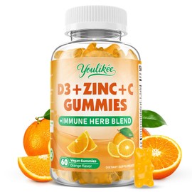 Vitamin C + D3 5000IU + Zinc Gummies for Adults, Orange Flavor, 60 Count