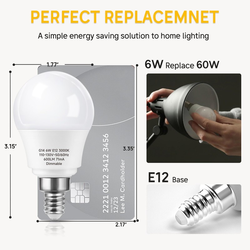 Prosperbiz E12 Dimmable 60W Equivalent LED Light Bulbs, A15 6W