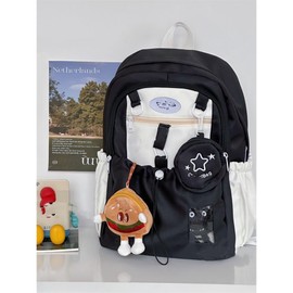 UINSUE Kawaii Backpack Double Shoulder Bag with Cute Star Removable Pouch Small Clear Front Pocket Large Capacity Fits 16" Laptop Dopamine Colors Daypack (Black)