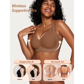 OEAK Womens Comfortable Deep V Bras Wireless Push Up Seamless Full Coverage Bralettes Supportive Bra Raceback Tshirt Bras Coffee,2XL