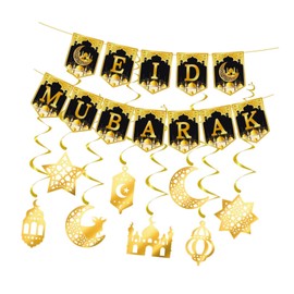 Harilla Eid Mubarak Banner hängende Wirbel Schwarze und goldene Deckendekorationen Garland für Wandfenstertür Partyzubehör Atmosphäre