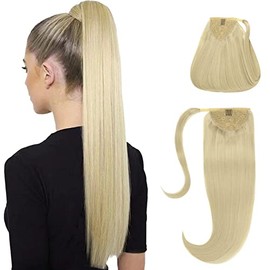 Caliee Long Ponytail Extension Real Hair 90G 22Inch 60A Platinum Blonde Hair Extensions Soft Silky Straight Clip on Wrap Around Ponytail Human Hair One Piece Hairpiece for Women