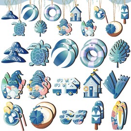 KIPETTO 30Pcs Summer Wood Hanging Ornaments Blue Beach Gnomes Sea Turtle Tropical Ornaments Tree Decorations Hang Tags with Rope for Hawaiian Party Supplies