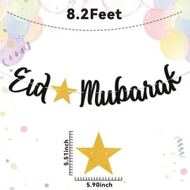 Eid Mubarak Banner - Muslim Islam Ramadan Mubarak Decor,Eid Party Decor, Hajj Mubarak, Eid Al-fitr Festival Celebration Garland Party Decorations Black Glitter