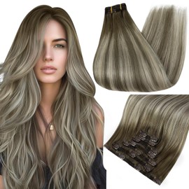 Full Shine Real Hair Extensions Clip in Human Hair Brown Ombre Straight Clip in Hair Extensions Balayage Ash Brown to Cool Blonde Real Hair Clip in Extensions Human Hair for Women 18 Inch 7 Pcs